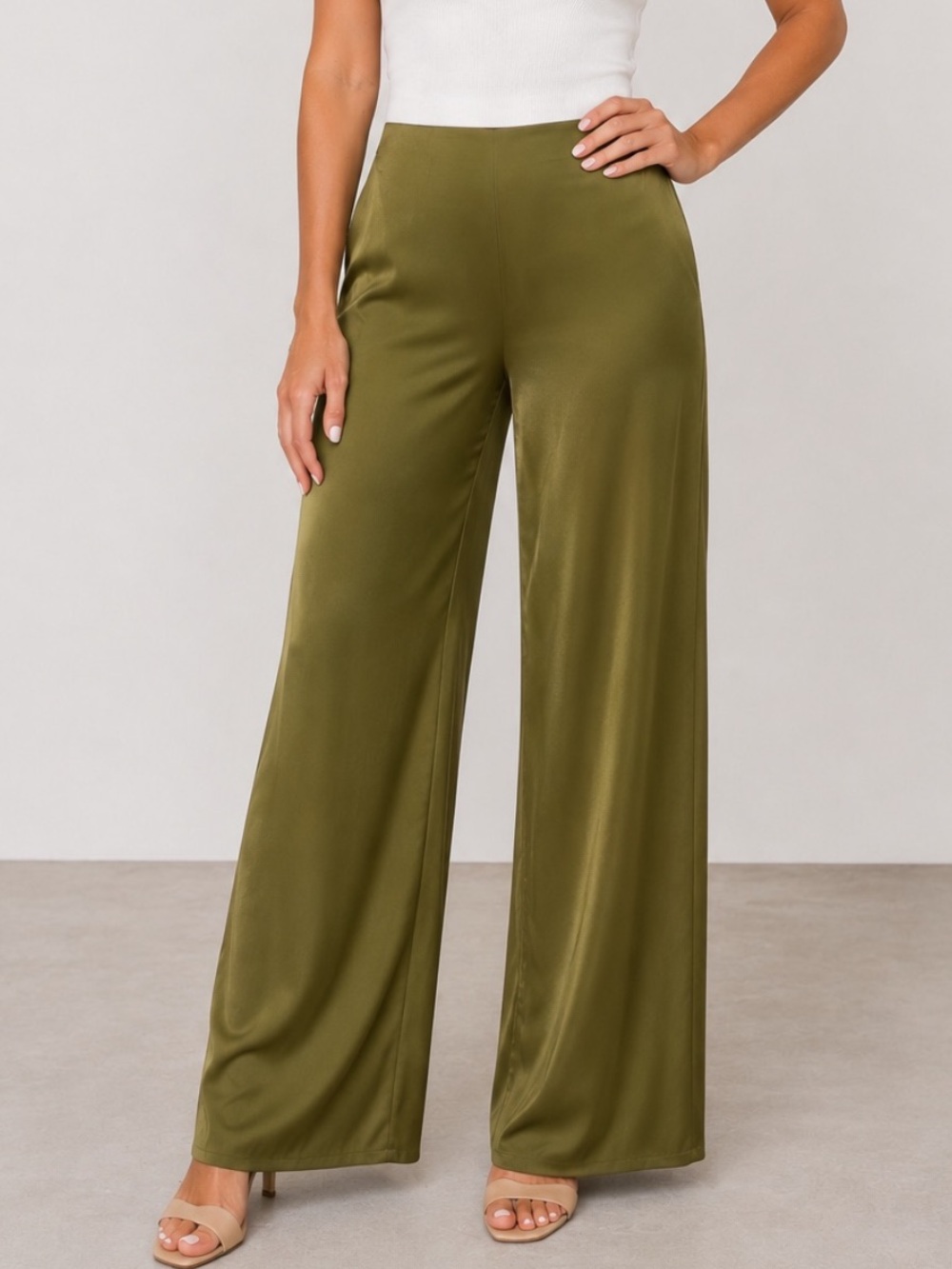 Anthropologie Tilda Pull-On Wide Leg Satin Pants Olive Green Women's Size S